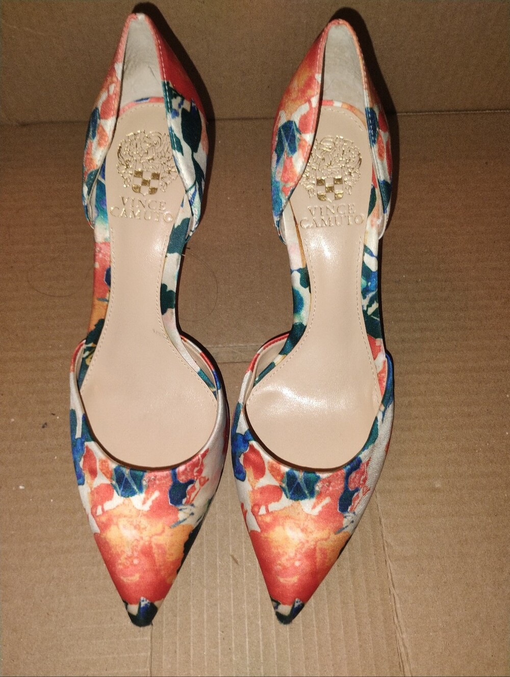 Vince Camuto Red Floral Satin Pointed Heel Pumps